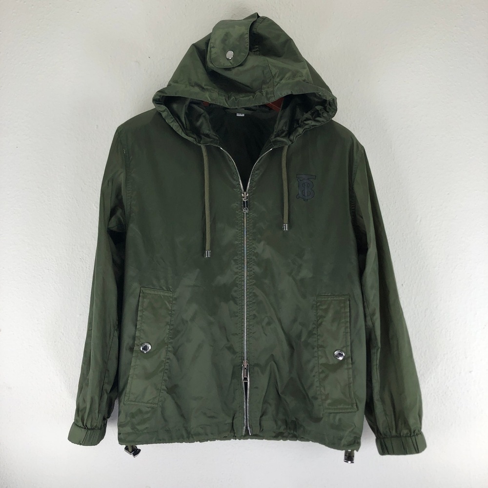 Burberry TB Monogram Windbreaker Jacket Olive Green Hooded Zip Up Womens Size 4
